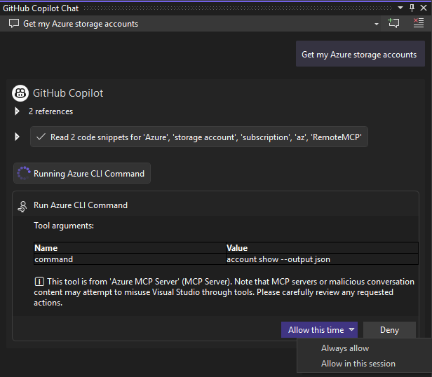 Screenshot che mostra come eseguire gli strumenti del server MCP di Azure in Visual Studio.