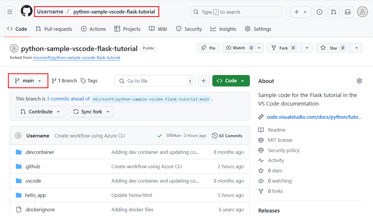 Screenshot che mostra come passare al repository e al ramo in cui è definito il flusso di lavoro di GitHub Actions.