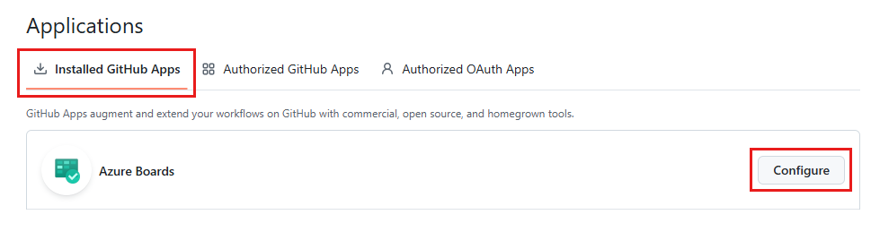 Screenshot mostra le app GitHub installate con Azure Boards e l'opzione Configura.