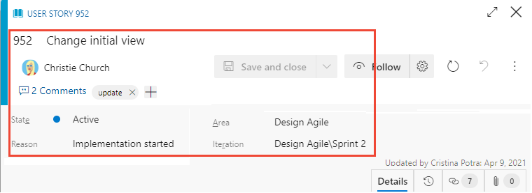 Screenshot che mostra i campi comuni nel modulo dell'elemento di lavoro per tutti i tipi di elemento di lavoro.