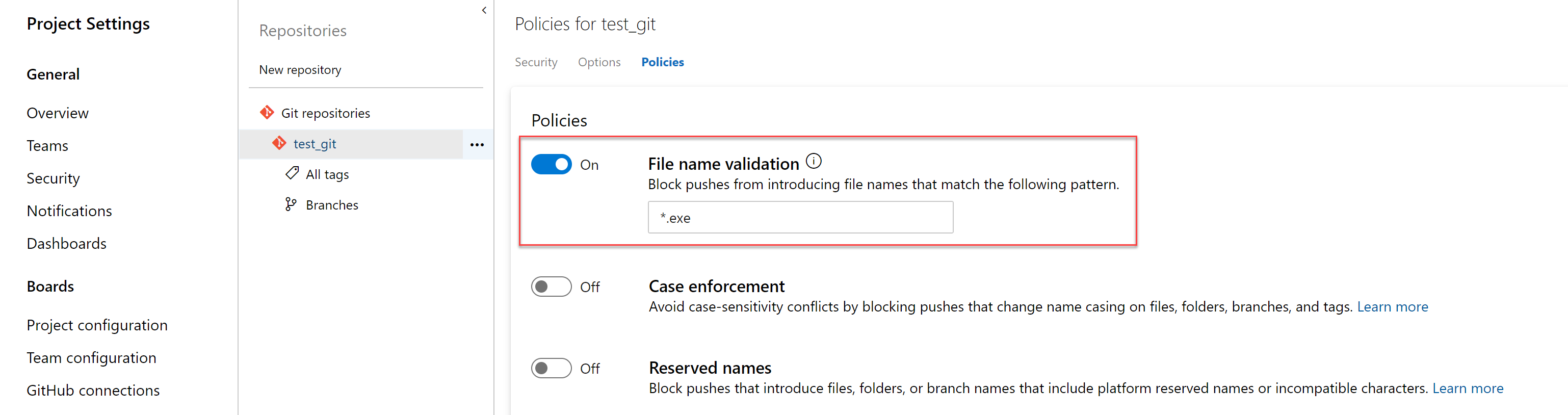 Screenshot che mostra la sezione Criteri con l'opzione Di convalida del nome file impostata su Sì.