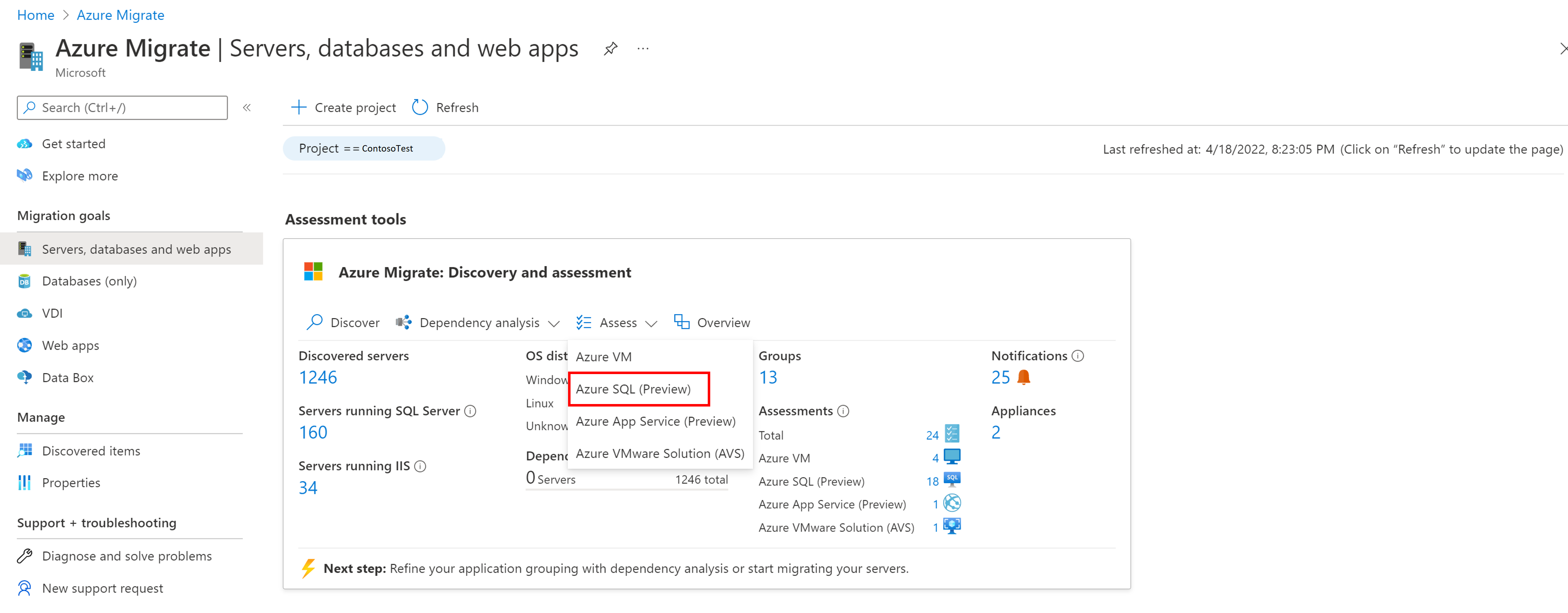 Screenshot dell'elenco a discesa per scegliere il tipo di valutazione come Azure SQL.