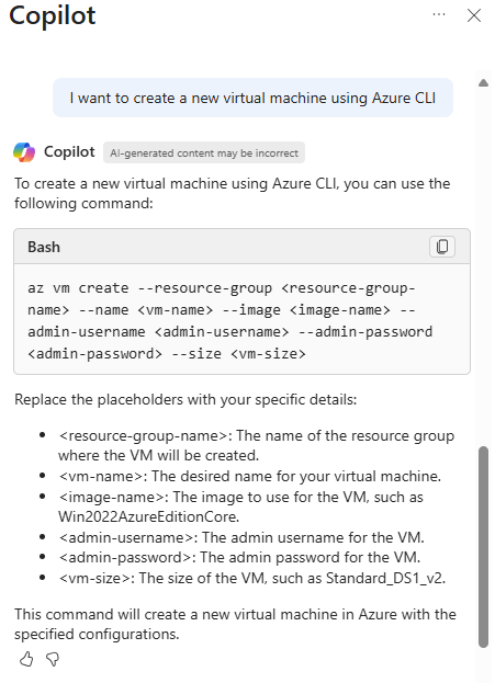<Screenshot di Copilot in Azure che fornisce uno script CLI di Azure per creare una macchina virtuale.>