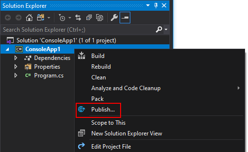 Screenshot che mostra Esplora Soluzioni con un menu contestuale che evidenzia l'opzione Pubblica.