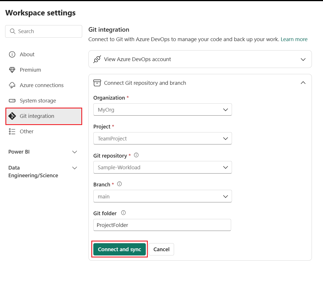 Screenshot della finestra delle impostazioni dell'area di lavoro per l'integrazione con git, con l'area di lavoro connessa al ramo principale del repository.