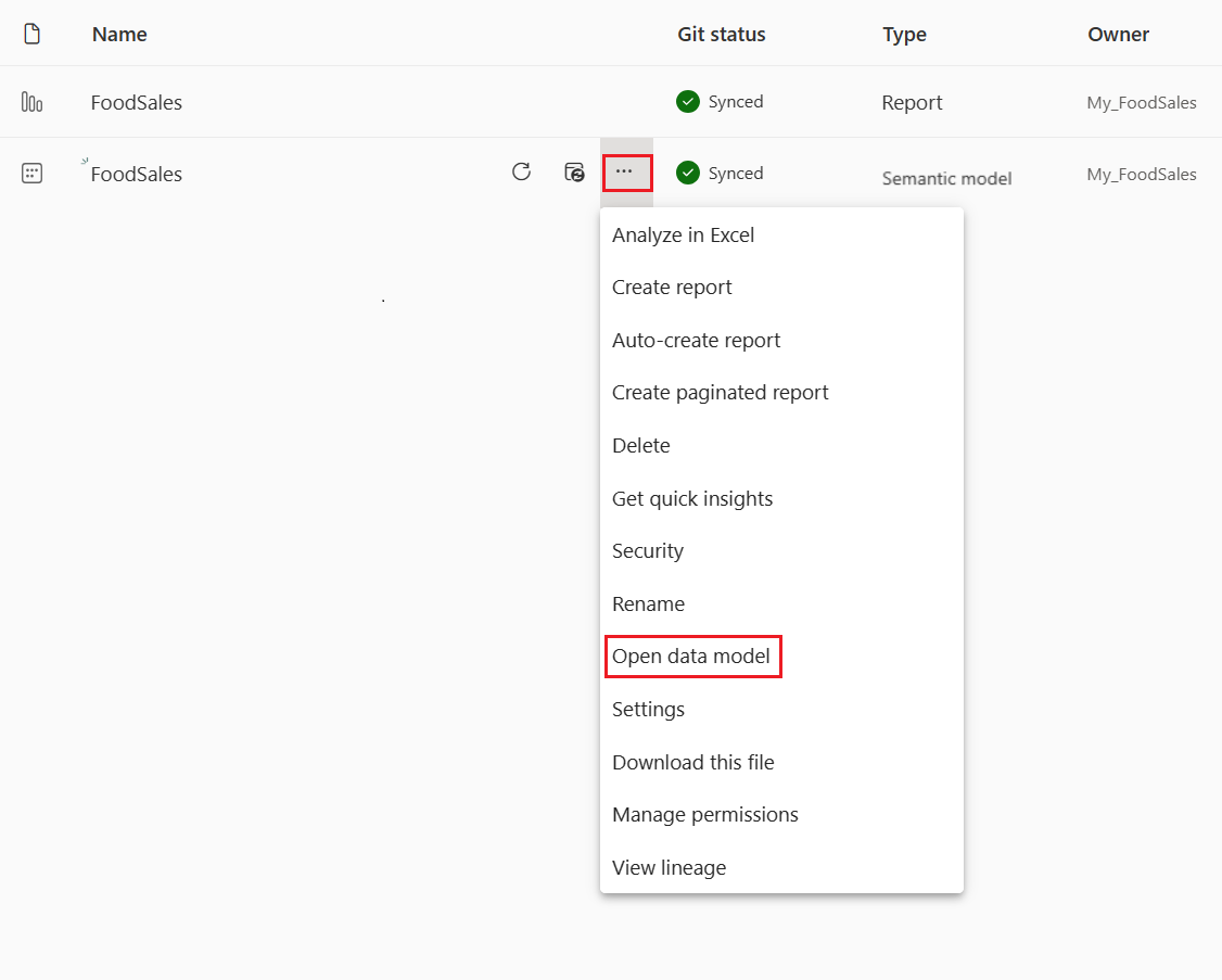 Screenshot del modello di dati aperto nel menu del modello semantico espanso.