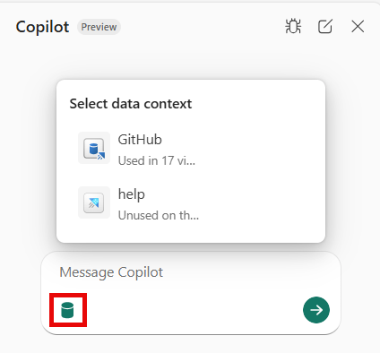 Screenshot della selezione di una fonte dati nel pannello Copilot.