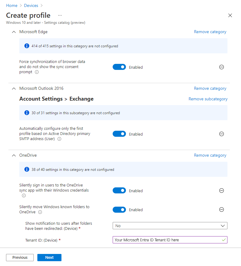 Screenshot che mostra un esempio di profilo del catalogo impostazioni in Microsoft Intune.