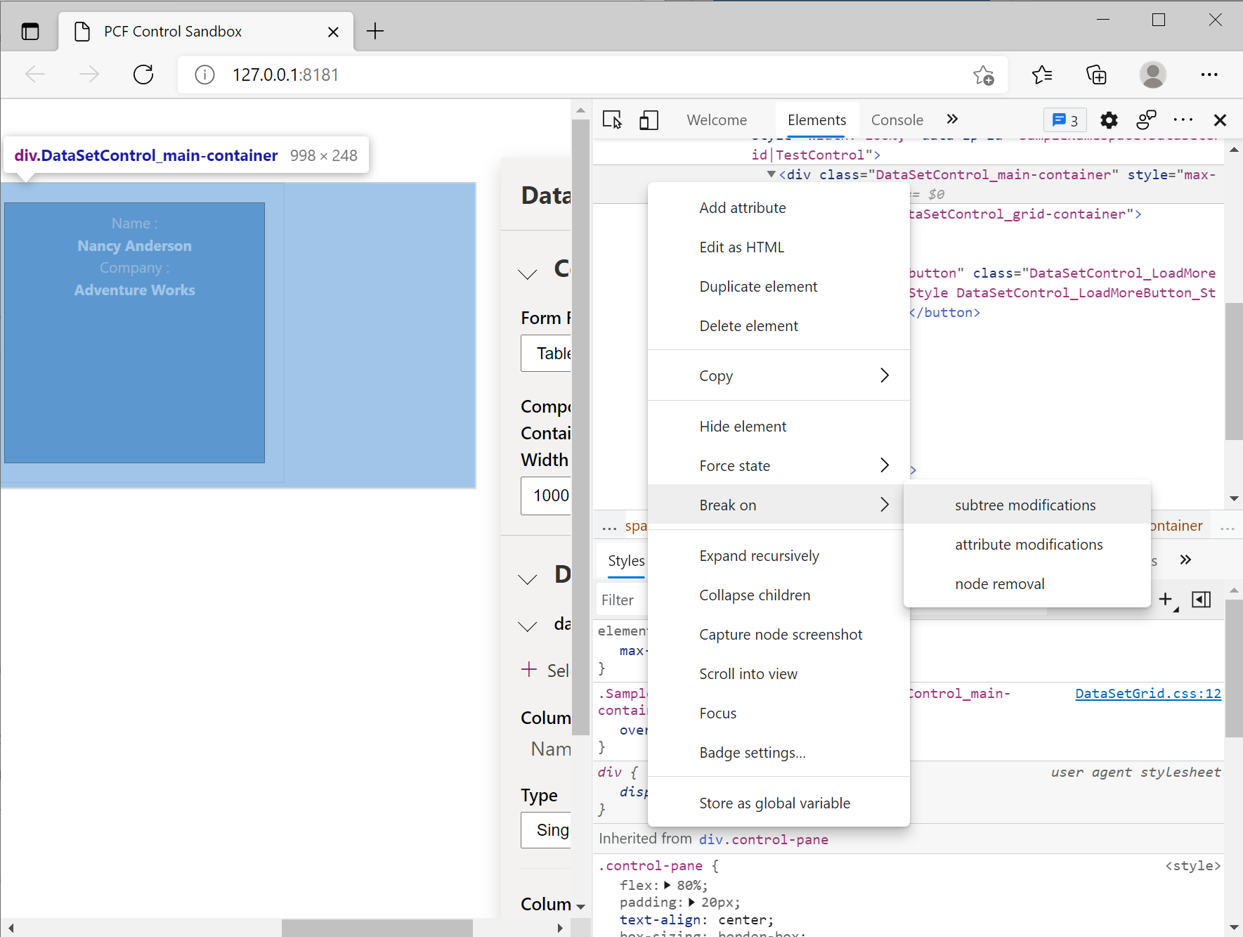 Screenshot of Microsoft Edge DevTools menu for breaking on subtree modifications.