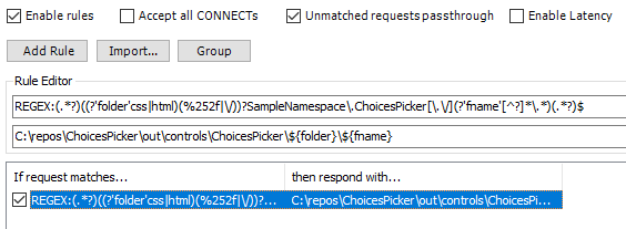 Screenshot of a Fiddler AutoResponder rule that loads the local ChoicesPicker build output.
