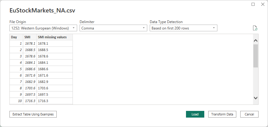 Screenshot della finestra di dialogo del file CSV, che mostra il file CSV selezionato.