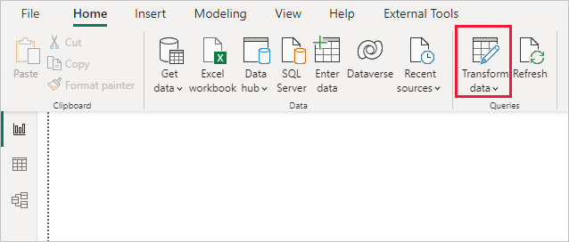 Screenshot dell'editor di Power Query in Power BI Desktop, che mostra la selezione Trasforma dati.