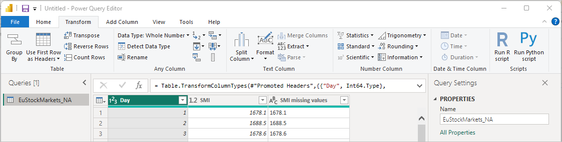 Screenshot della scheda Trasforma che mostra le righe di dati.