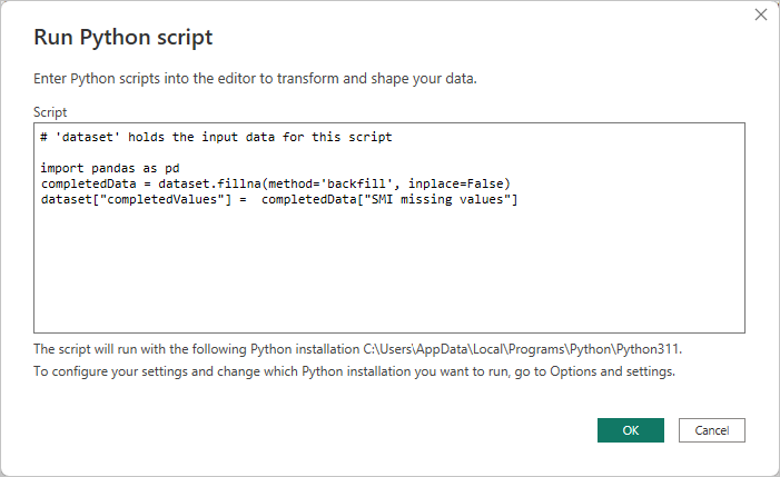 Screenshot della finestra di dialogo Esegui script Python che mostra il codice script.