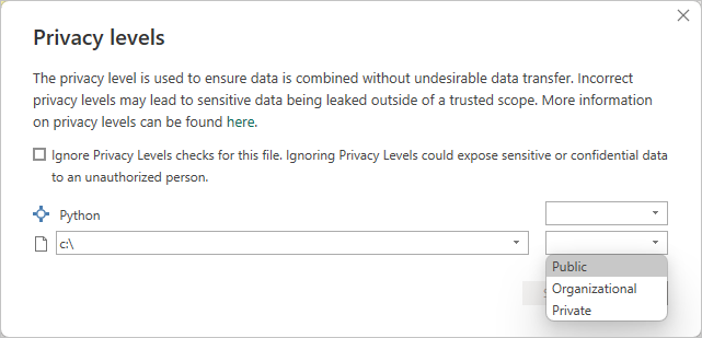 Screenshot della finestra di dialogo Livelli di privacy, che mostra che 