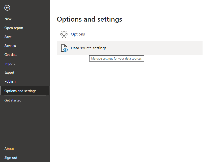 Screenshot del menu File in Power BI Desktop, che mostra la selezione delle impostazioni dell'origine dati.