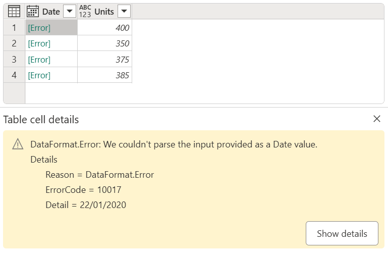 Screenshot dell'errore di conversione del tipo di dati.