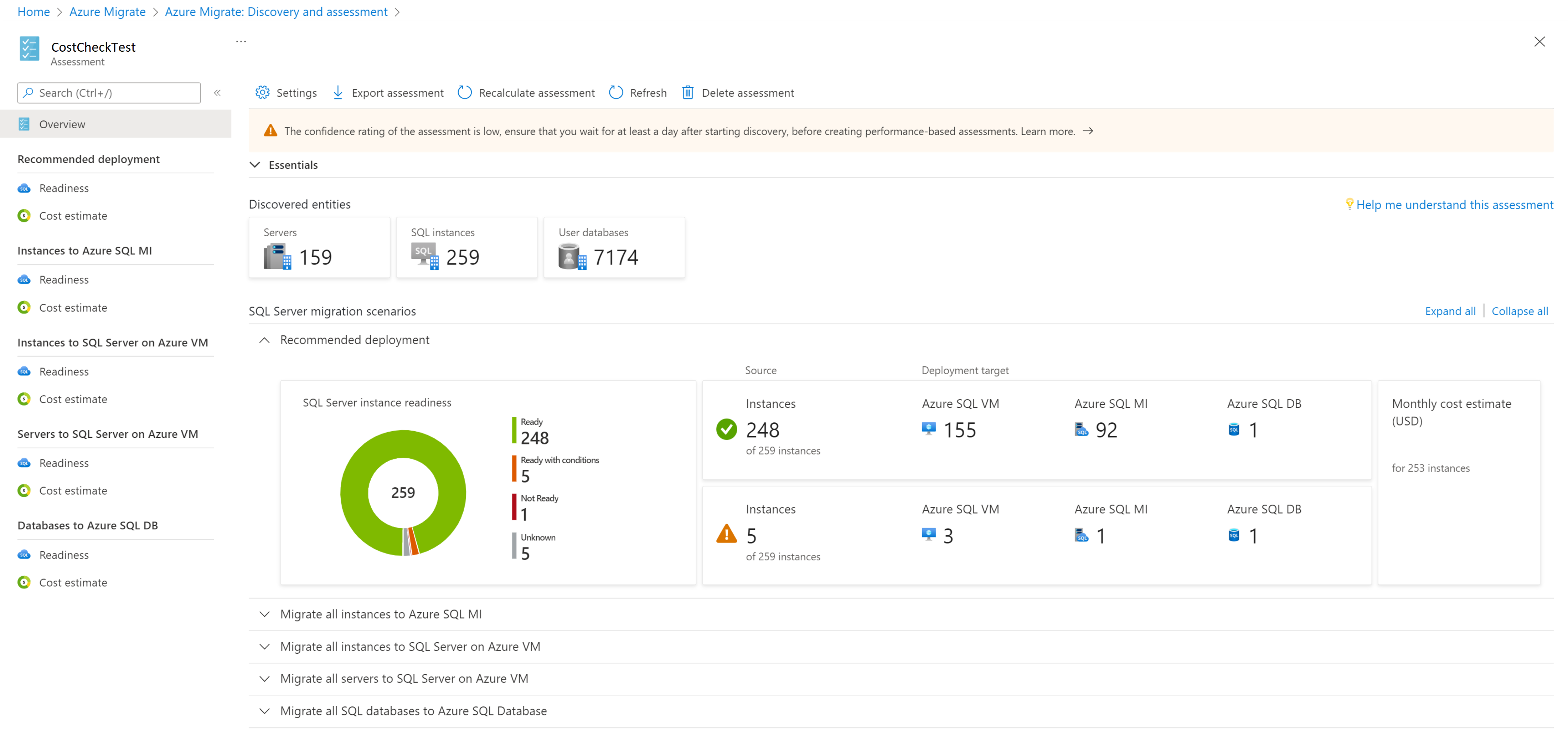 Screenshot della panoramica della valutazione di SQL.