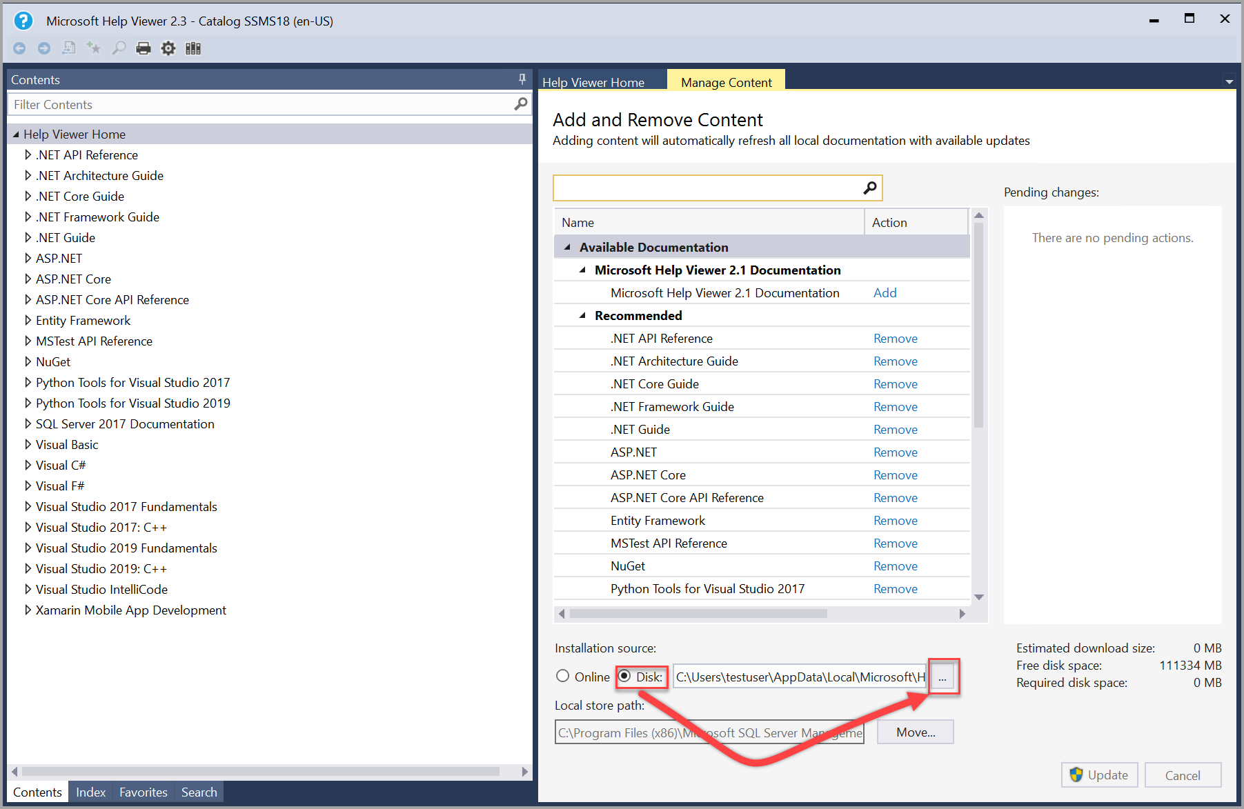 Gestione del Contenuto del Disco Sorgente di Help Viewer