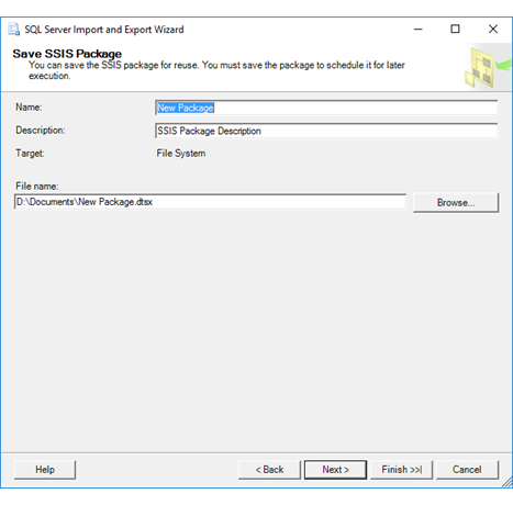 Schermata che mostra la pagina Salva pacchetto SSIS dell'Importazione ed esportazione guidata, se nella pagina Salva ed esegui pacchetto è stata selezionata l'opzione File system.
