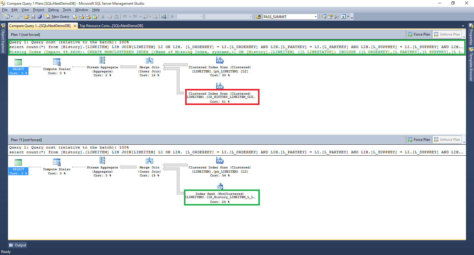 Screenshot che mostra Query Store e l'opzione di barra degli strumenti Confronta i piani per la query selezionata in una finestra separata.