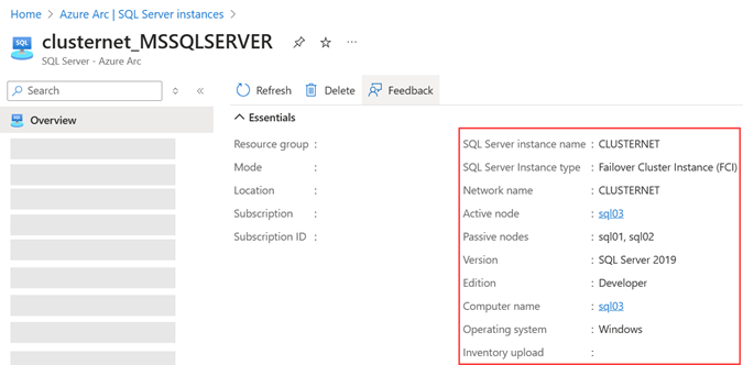 Screenshot del portale di Azure per un'istanza cluster di failover abilitata da Azure Arc.