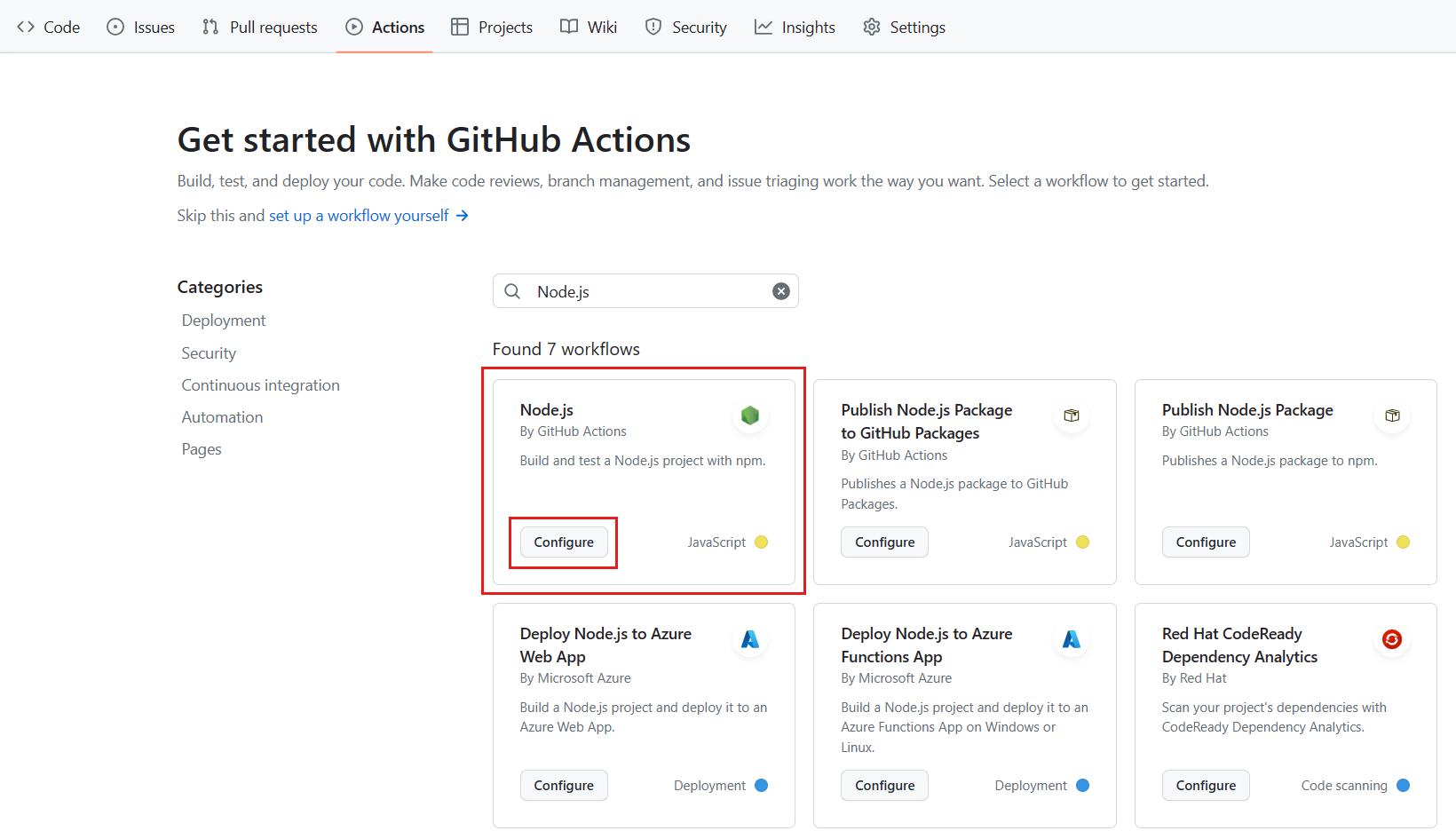 Screenshot che mostra la scheda GitHub Actions con il riquadro Node.js evidenziato e il pulsante Configura selezionato.