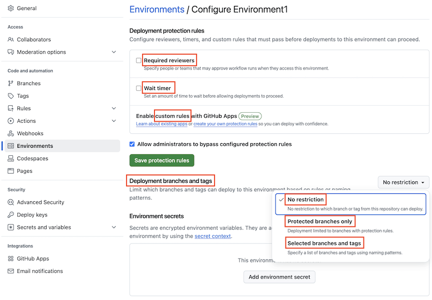 Screenshot che mostra la pagina Impostazioni per la configurazione di Environment1 con opzioni per revisori, timer di attesa, regole personalizzate e restrizioni di ramo.