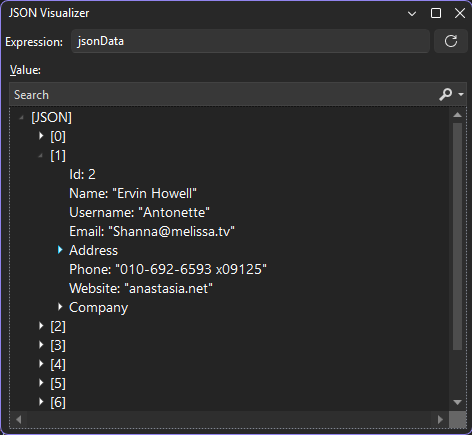 Screenshot che mostra il visualizzatore di stringhe JSON.