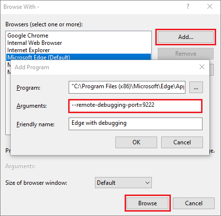 Screenshot dell'impostazione delle opzioni del browser per l'apertura con debugging attivo.