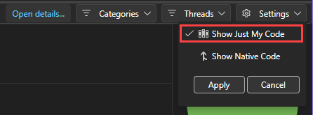 Screenshot che mostra l'opzione Mostra solo il mio codice.