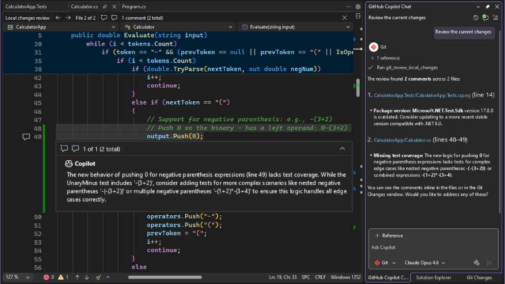 Screenshot che mostra un commento di revisione del codice inline dell'agente Git nell'editor.