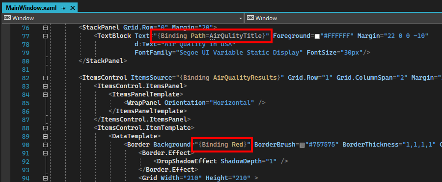 Screenshot delle associazioni di esempio nell'editor XAML.