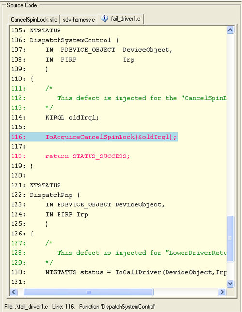 Screenshot del riquadro Codice sorgente nel Visualizzatore di Difetti del Verificatore Statistico del Driver.