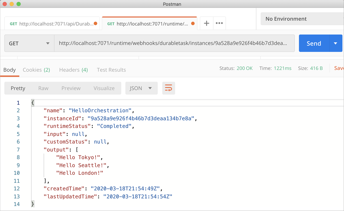 Visual Studio Code で Durable Functions アプリコードを示すスクリーンショット