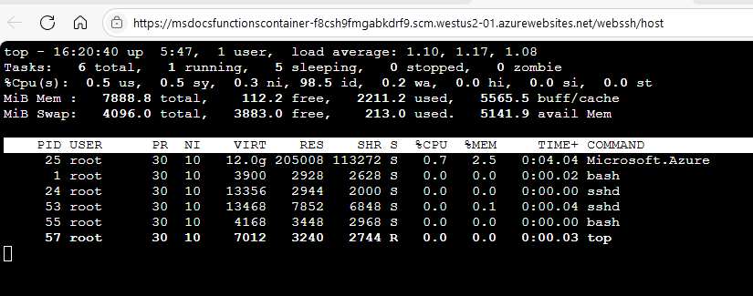 SSH セッションで実行されている Linux top コマンドを示すスクリーンショット。