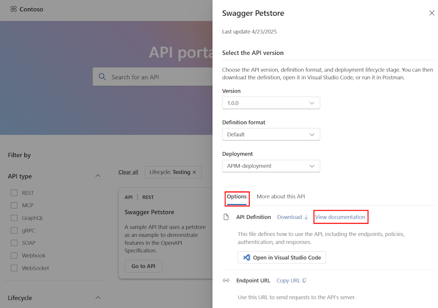API Center ポータルの API の詳細のスクリーンショット。