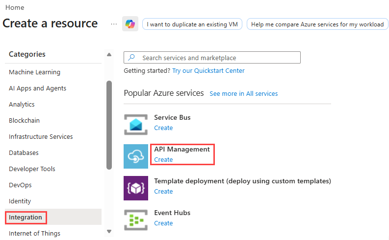 [API Management] が強調表示された [リソースの作成] 画面を示すスクリーンショット。