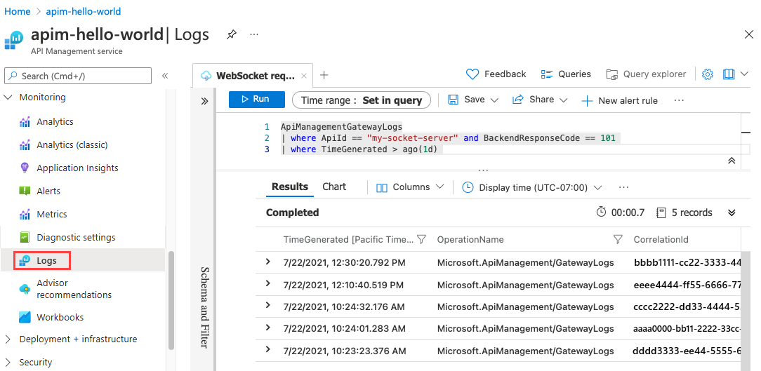 WebSocket API 要求のクエリ ログを示すスクリーンショット。