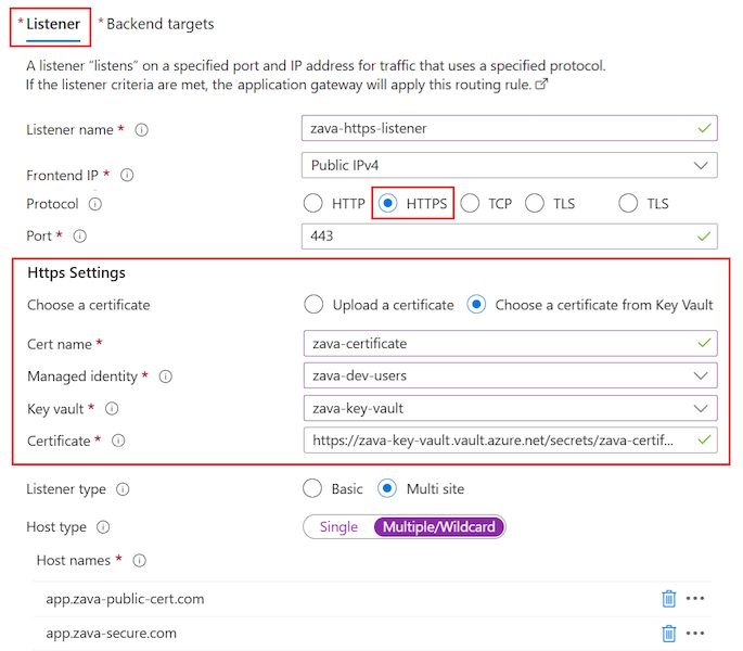 アプリケーション ゲートウェイの HTTPS ルーティング規則のリスナーを構成する方法を示すスクリーンショット。