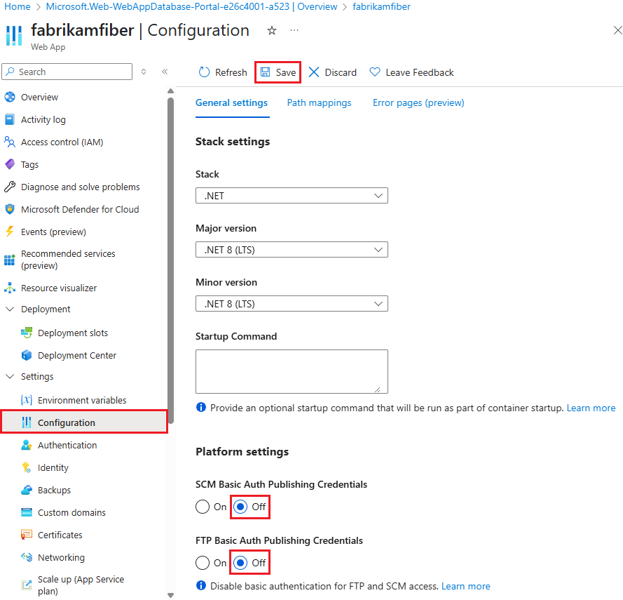 Azure portal で Azure App Service の基本認証を無効にする方法を示すスクリーンショット。