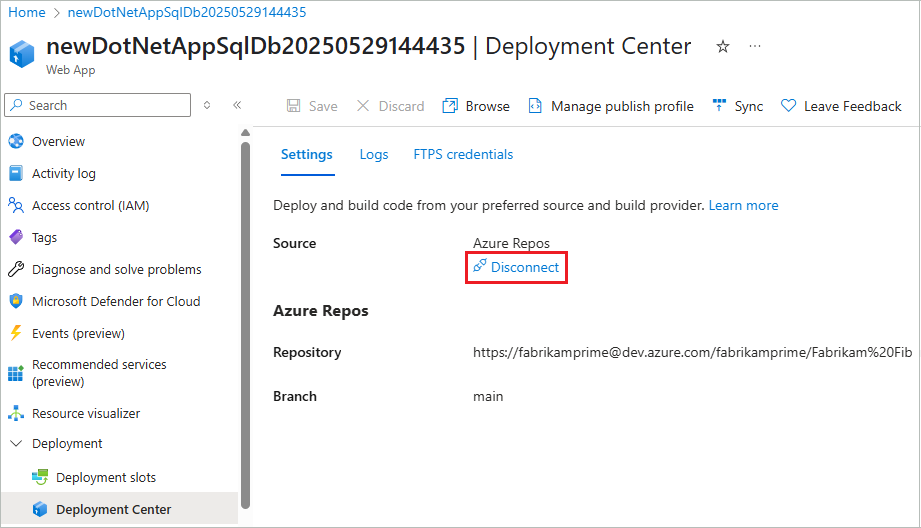 Azure portal でクラウド フォルダーの同期を App Service アプリと切断する方法を示すスクリーンショット。