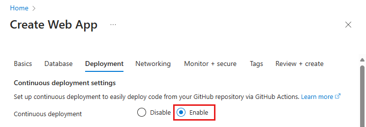 App Service の [デプロイ] タブで GitHub Actions のデプロイを有効にする方法を示すスクリーンショット。