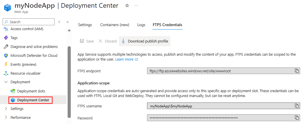 FTPS デプロイ資格情報タブを示すスクリーンショット。