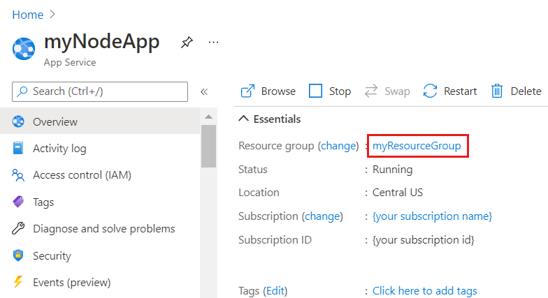App Service の [概要] ページのリソース グループのスクリーンショット。