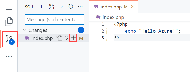 ブラウザーの Visual Studio Code のスクリーンショットで、サイドバーの [ソース管理] ナビゲーションを強調表示し、[ソース管理] パネルの [ステージ変更] ボタンを強調表示します。