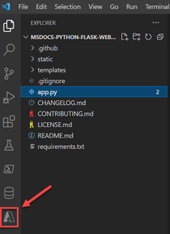VS Code の左側のツール バーにある Azure Tools アイコンのスクリーンショット。