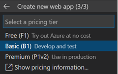 新しい Web アプリの価格レベルを選択するために使用される VS Code のダイアログ ボックスのスクリーンショット。