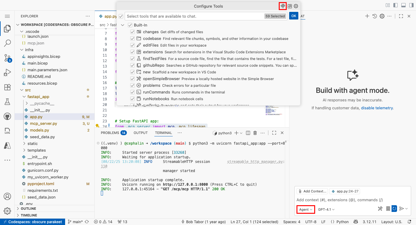 GitHub Copilot チャット エージェント モードで MCP サーバーを追加する方法を示すスクリーンショット。