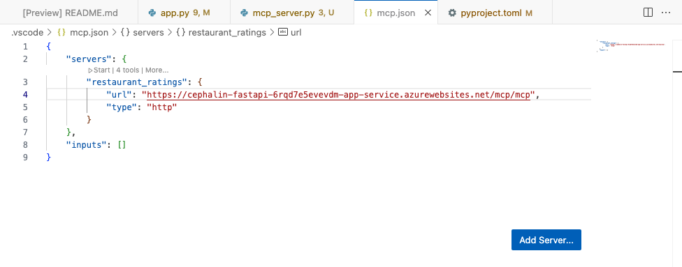 ローカル mcp.json ファイルから MCP サーバーを手動で起動する方法を示すスクリーンショット。